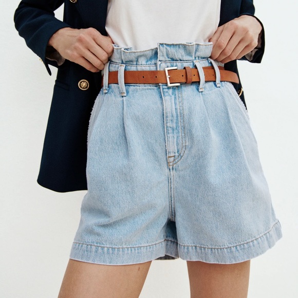 Zara belted high waisted paper bag denim shorts